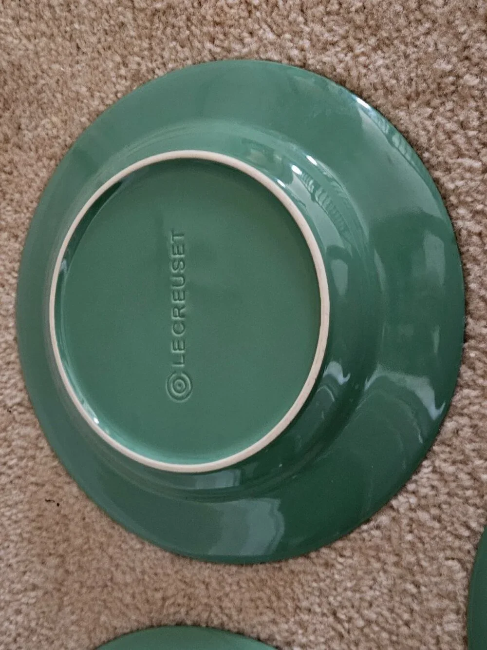 3 RARE LE CREUSET STONEWARE SUMMER GREEN RIMMED PASTA SOUP SALAD BOWL DISH PLATE